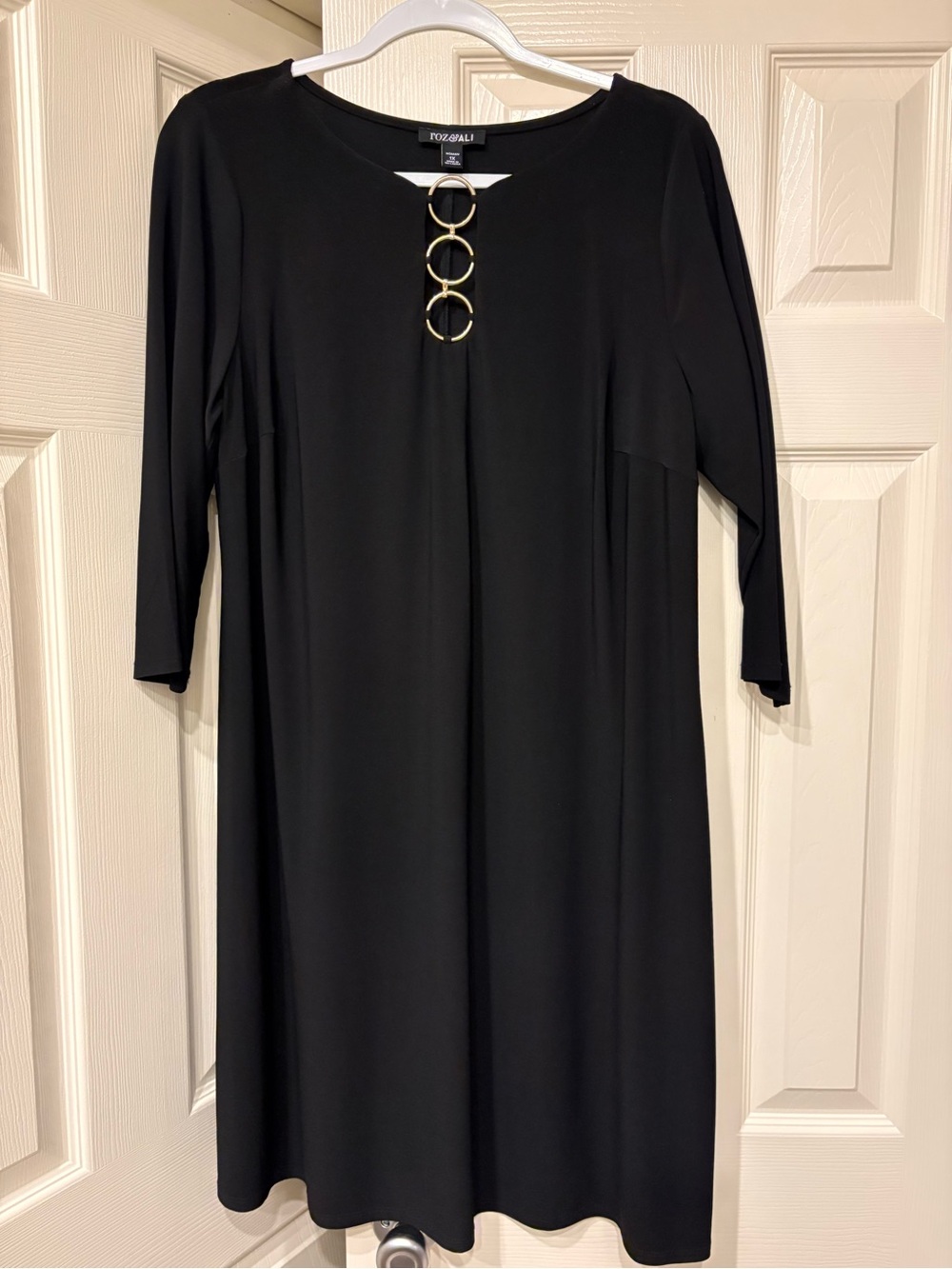 Roz & Ali Black 3/4-Sleeve Dress with Gold Ring Detail
